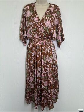 Code Mode - Brown Floral Short Sleeve V Neck Lined Midi Dress Size Small